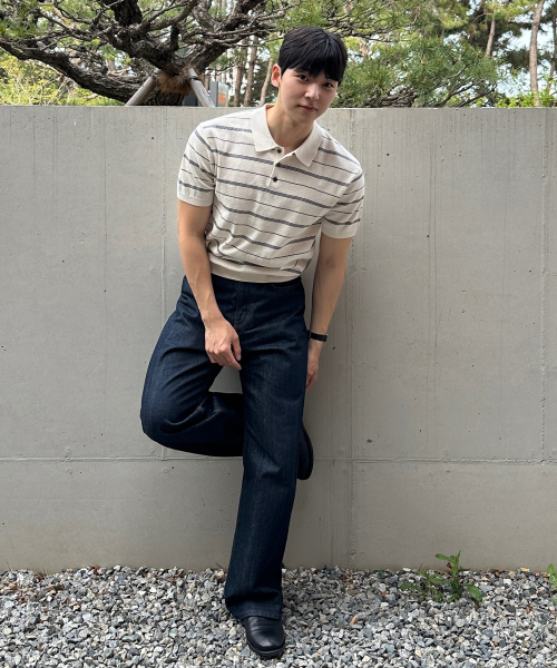 [ON]Washable Multi-Strip Collar Short Sleeve Knitwear - 4color