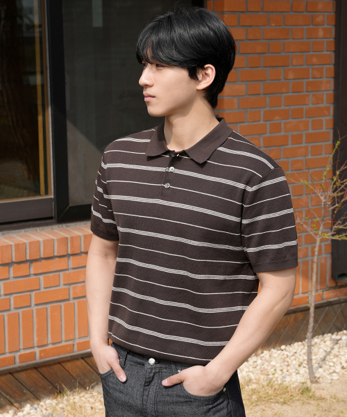 [ON]Washable Multi-Strip Collar Short Sleeve Knitwear - 4color
