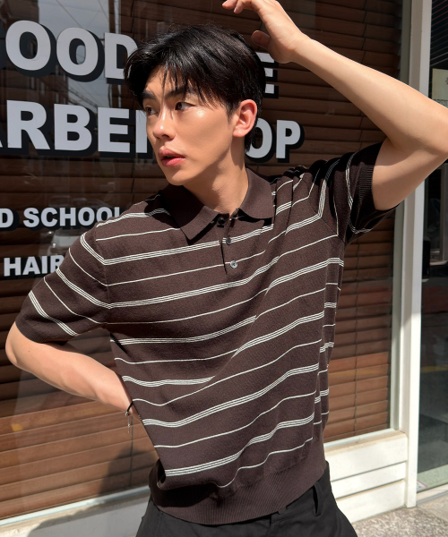[ON]Washable Multi-Strip Collar Short Sleeve Knitwear - 4color