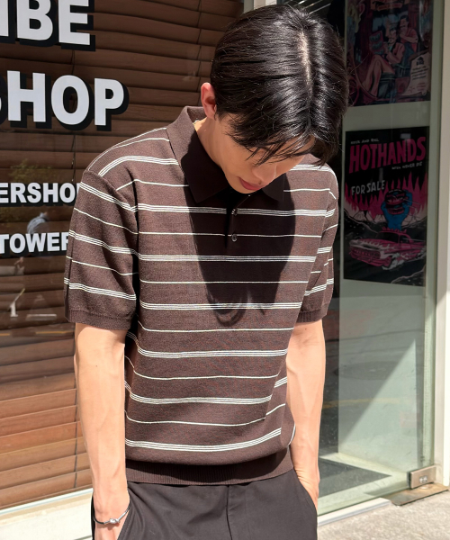 [ON]Washable Multi-Strip Collar Short Sleeve Knitwear - 4color