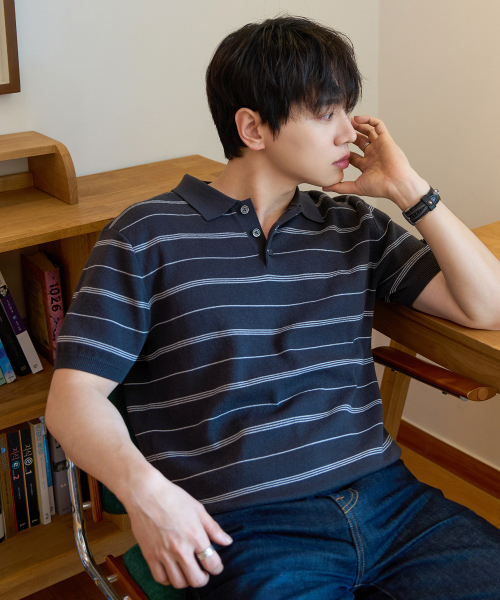 [ON]Washable Multi-Strip Collar Short Sleeve Knitwear - 4color