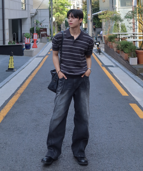 [ON]Washable Multi-Strip Collar Short Sleeve Knitwear - 4color
