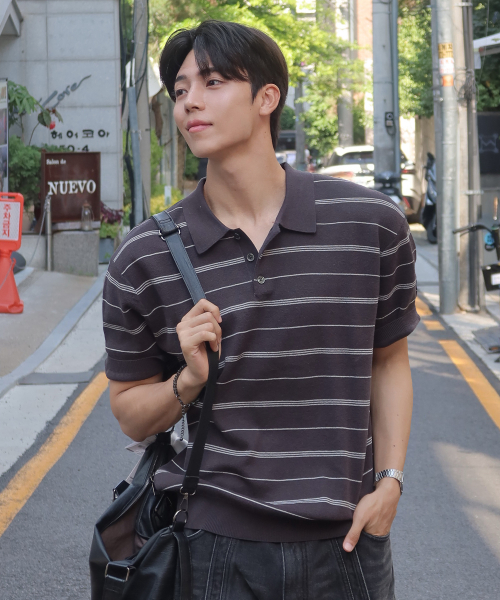 [ON]Washable Multi-Strip Collar Short Sleeve Knitwear - 4color