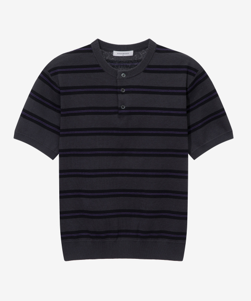 [ON]Washable Stripe Henley Neck Short Sleeve Knitwear - 2color