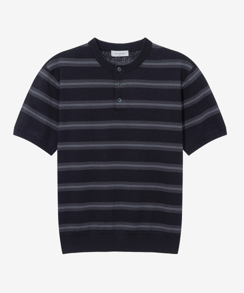 [ON]Washable Stripe Henley Neck Short Sleeve Knitwear - 2color