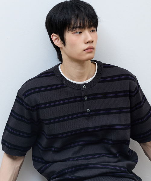 [ON]Washable Stripe Henley Neck Short Sleeve Knitwear - 2color