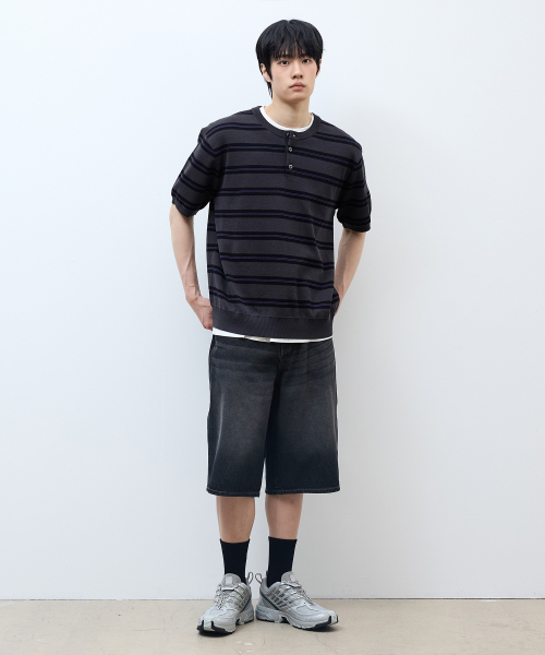 [ON]Washable Stripe Henley Neck Short Sleeve Knitwear - 2color