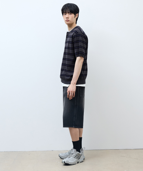 [ON]Washable Stripe Henley Neck Short Sleeve Knitwear - 2color