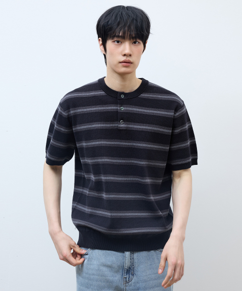[ON]Washable Stripe Henley Neck Short Sleeve Knitwear - 2color