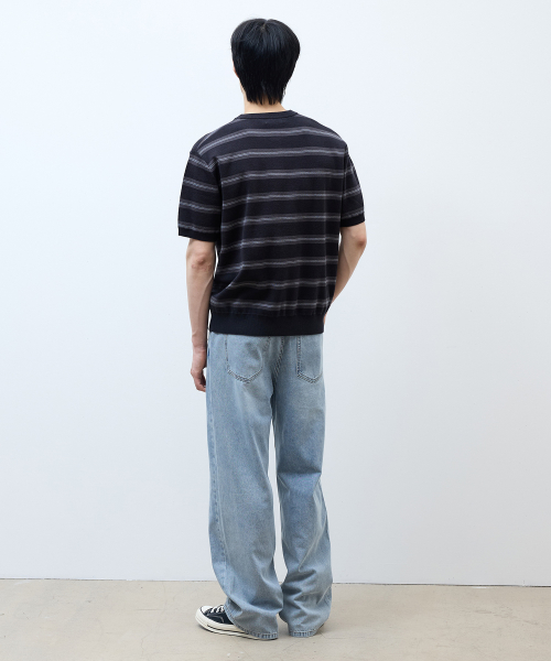 [ON]Washable Stripe Henley Neck Short Sleeve Knitwear - 2color