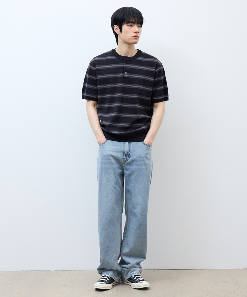 [ON]Washable Stripe Henley Neck Short Sleeve Knitwear - 2color