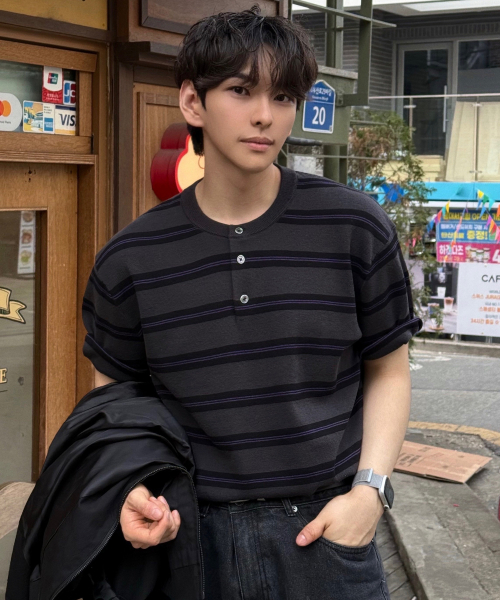 [ON]Washable Stripe Henley Neck Short Sleeve Knitwear - 2color