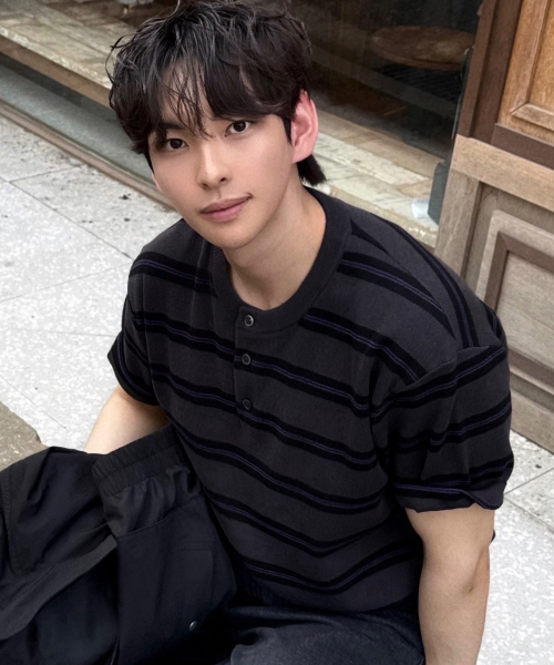 [ON]Washable Stripe Henley Neck Short Sleeve Knitwear - 2color