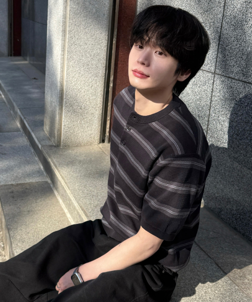 [ON]Washable Stripe Henley Neck Short Sleeve Knitwear - 2color
