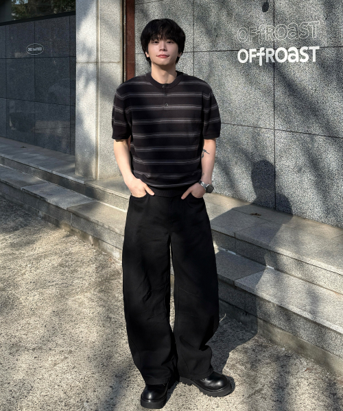 [ON]Washable Stripe Henley Neck Short Sleeve Knitwear - 2color