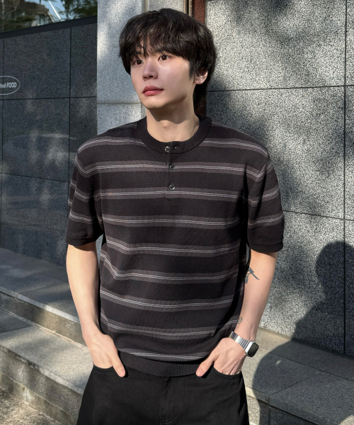 [ON]Washable Stripe Henley Neck Short Sleeve Knitwear - 2color