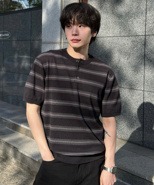 [ON]Washable Stripe Henley Neck Short Sleeve Knitwear - 2color
