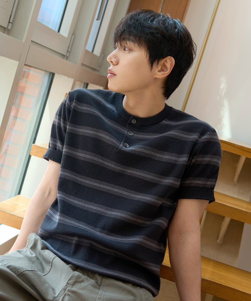 [ON]Washable Stripe Henley Neck Short Sleeve Knitwear - 2color