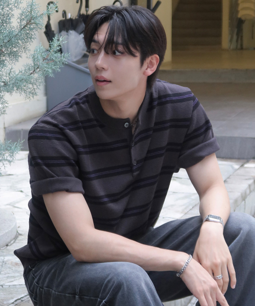 [ON]Washable Stripe Henley Neck Short Sleeve Knitwear - 2color