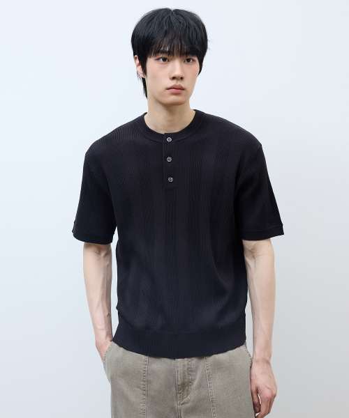 [ON]Tissue modified henry neck short-sleeved knitwear - 3color