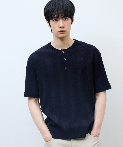 [ON]Tissue modified henry neck short-sleeved knitwear - 3color