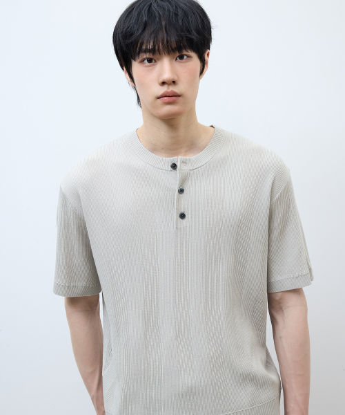 [ON]Tissue modified henry neck short-sleeved knitwear - 3color