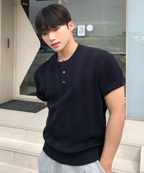 [ON]Tissue modified henry neck short-sleeved knitwear - 3color