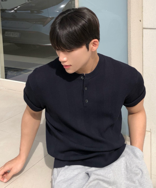 [ON]Tissue modified henry neck short-sleeved knitwear - 3color