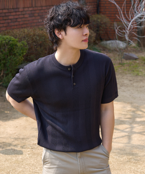 [ON]Tissue modified henry neck short-sleeved knitwear - 3color