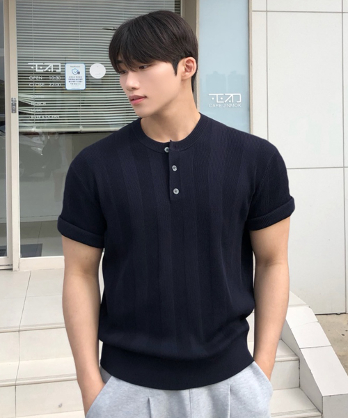 [ON]Tissue modified henry neck short-sleeved knitwear - 3color