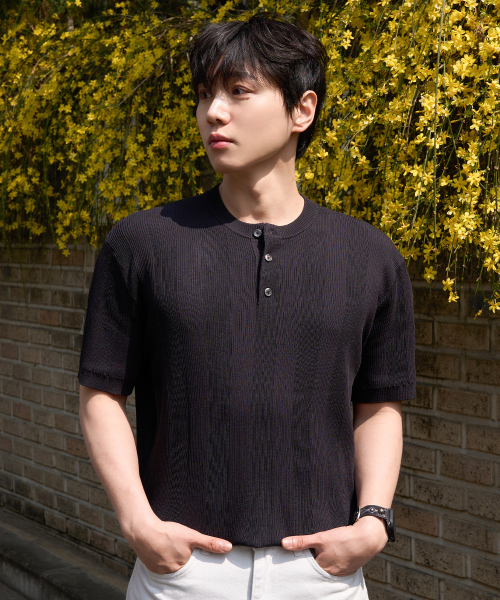 [ON]Tissue modified henry neck short-sleeved knitwear - 3color