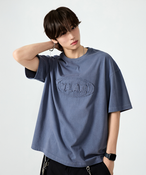 VLAD CUT-OFF APPLIQUE HALF T-SHIRT_VINTAGE BLUE