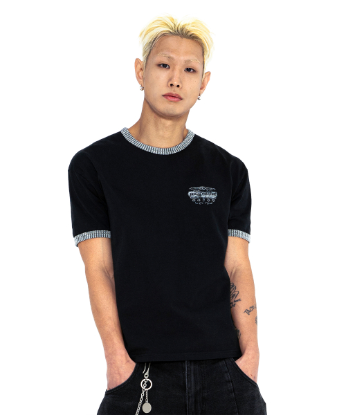 XTT156 투톤 리브드 크롭 링거 티셔츠 (BLACK)