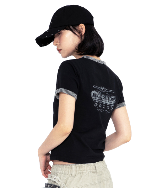 XTT156 투톤 리브드 크롭 링거 티셔츠 (BLACK)