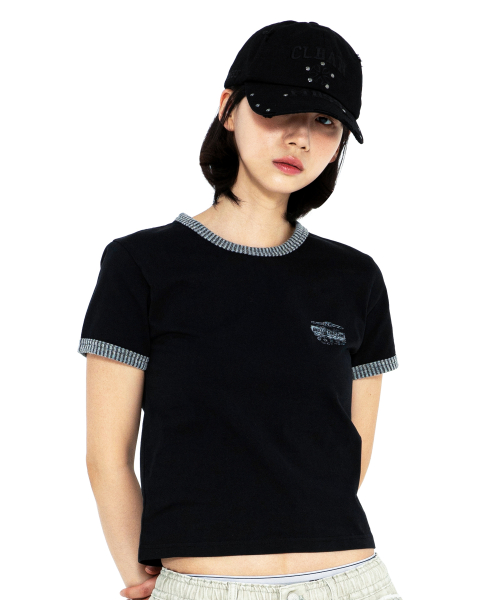 XTT156 투톤 리브드 크롭 링거 티셔츠 (BLACK)