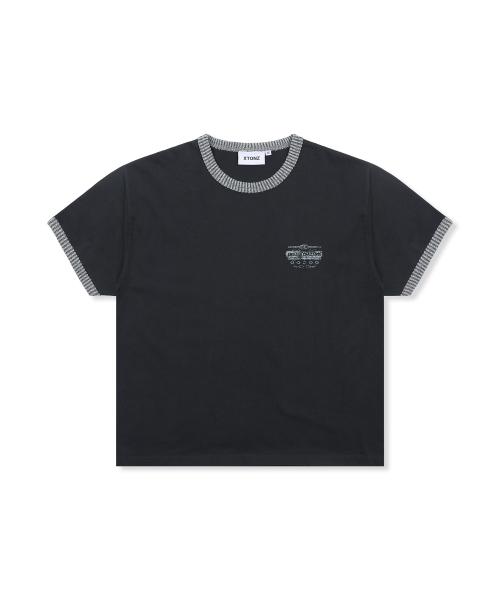 XTT156 투톤 리브드 크롭 링거 티셔츠 (BLACK)