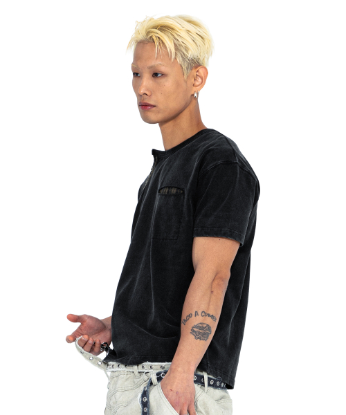 XTT154 체크 헨리넥 워싱 크롭 티셔츠 (BLACK)