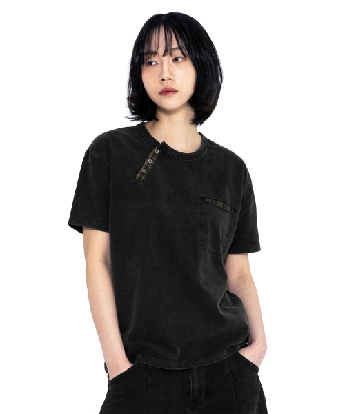 XTT154 체크 헨리넥 워싱 크롭 티셔츠 (BLACK)