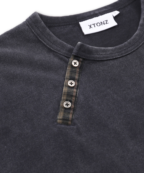 XTT154 체크 헨리넥 워싱 크롭 티셔츠 (BLACK)
