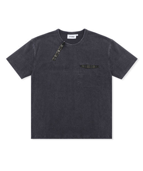 XTT154 체크 헨리넥 워싱 크롭 티셔츠 (BLACK)