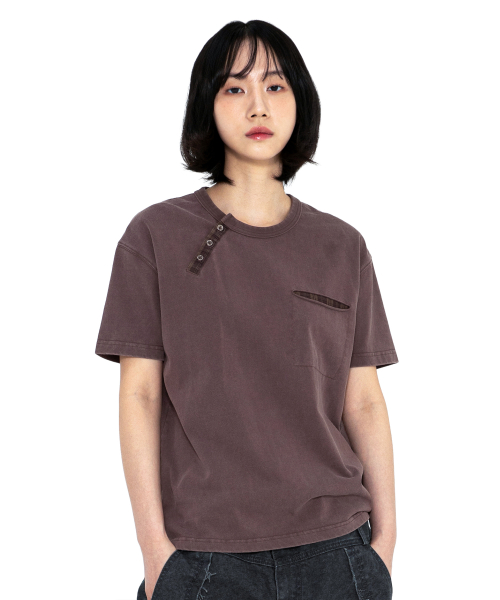 XTT154 체크 헨리넥 워싱 크롭 티셔츠 (PURPLE/BROWN)