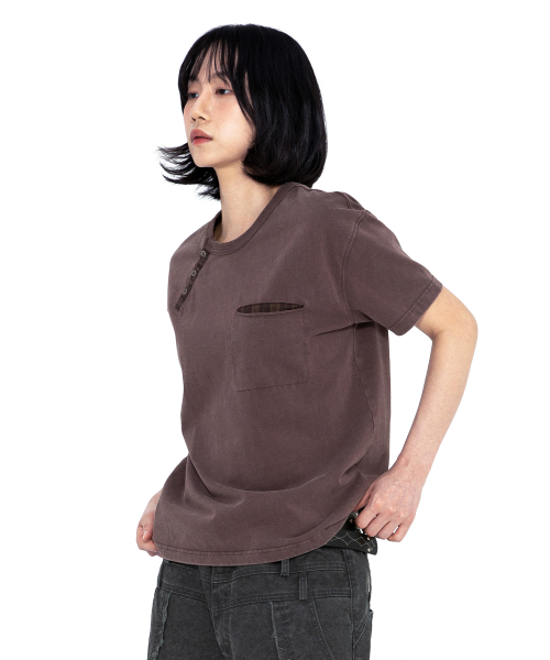 XTT154 체크 헨리넥 워싱 크롭 티셔츠 (PURPLE/BROWN)