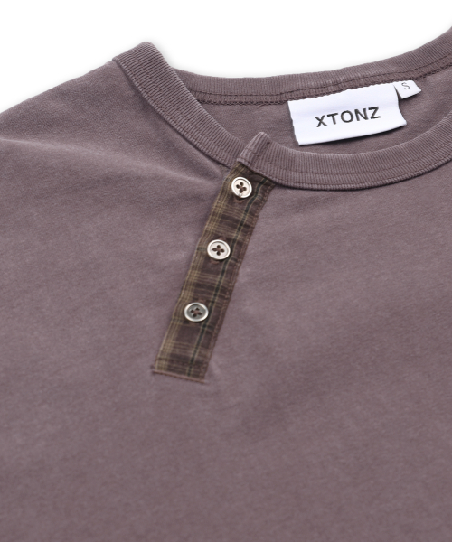 XTT154 체크 헨리넥 워싱 크롭 티셔츠 (PURPLE/BROWN)