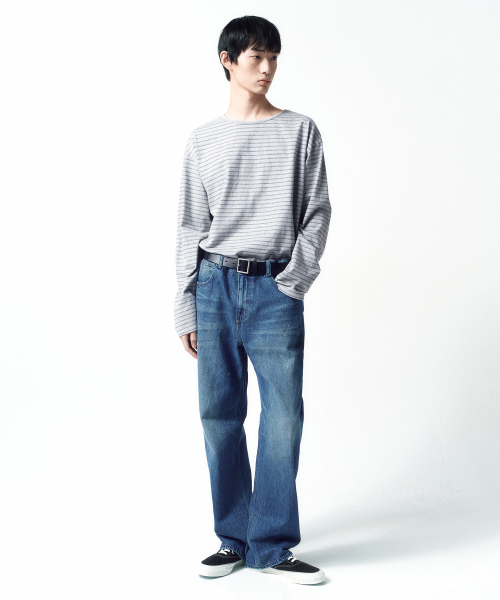 Semi Boat Neck Stripe Long Sleeve MELANGE GREY