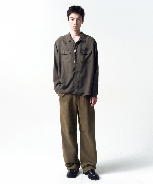 Tencel Gabardine Open Collar Shirts OLIVE GREY