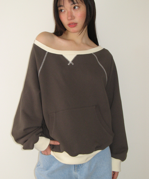 BLOCKED OFF SHOULDER SWEATSHIRT CHARCOAL