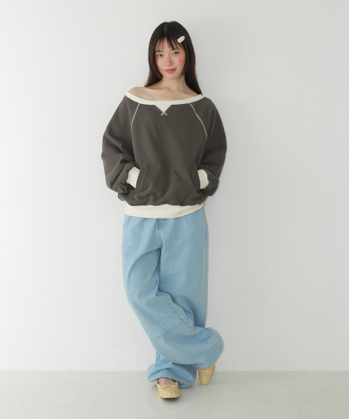 BLOCKED OFF SHOULDER SWEATSHIRT CHARCOAL