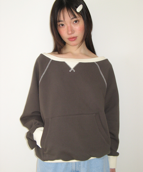 BLOCKED OFF SHOULDER SWEATSHIRT CHARCOAL
