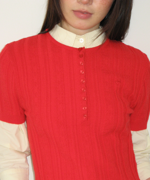 BUTTON POINT SLIM SHORT SLEEVE KNIT RED