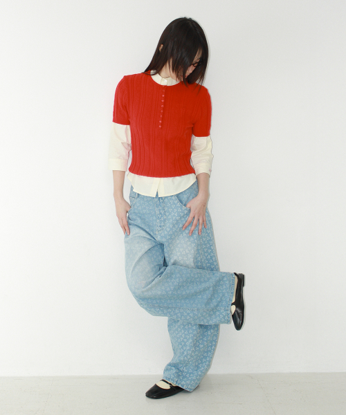 BUTTON POINT SLIM SHORT SLEEVE KNIT RED